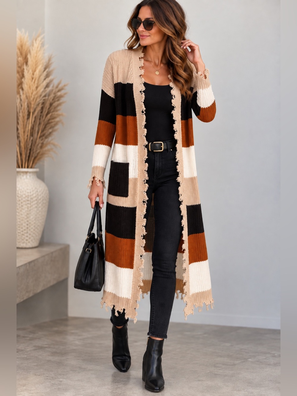 Derek Heart Striped Long Open-Front Cardigan in Beige, Black & Brown Medium